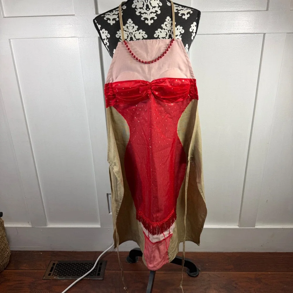 Novelty Burlesque Showgirl Kitchen Apron Red Sequin Fringe Pinup Kitschy Tan